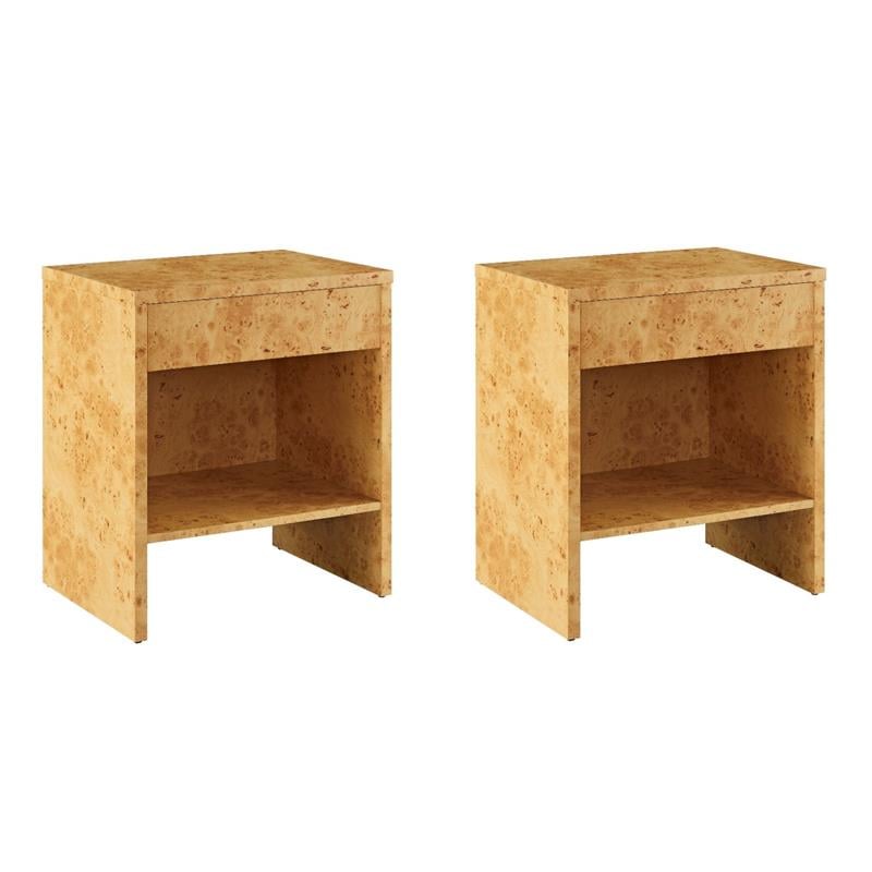 Pemberly Row Set of 2 1-Drawer Burl Wood Nightstands With Shelf
