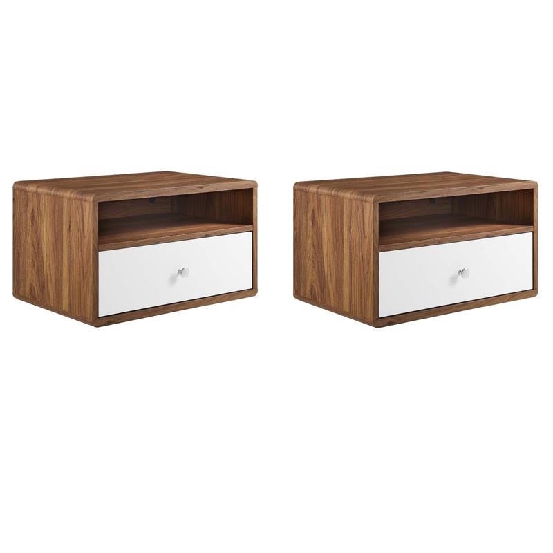 Pemberly Row Set of 2 1-Shelf Wall Mount Wood & Metal Nightstands - Walnut/White