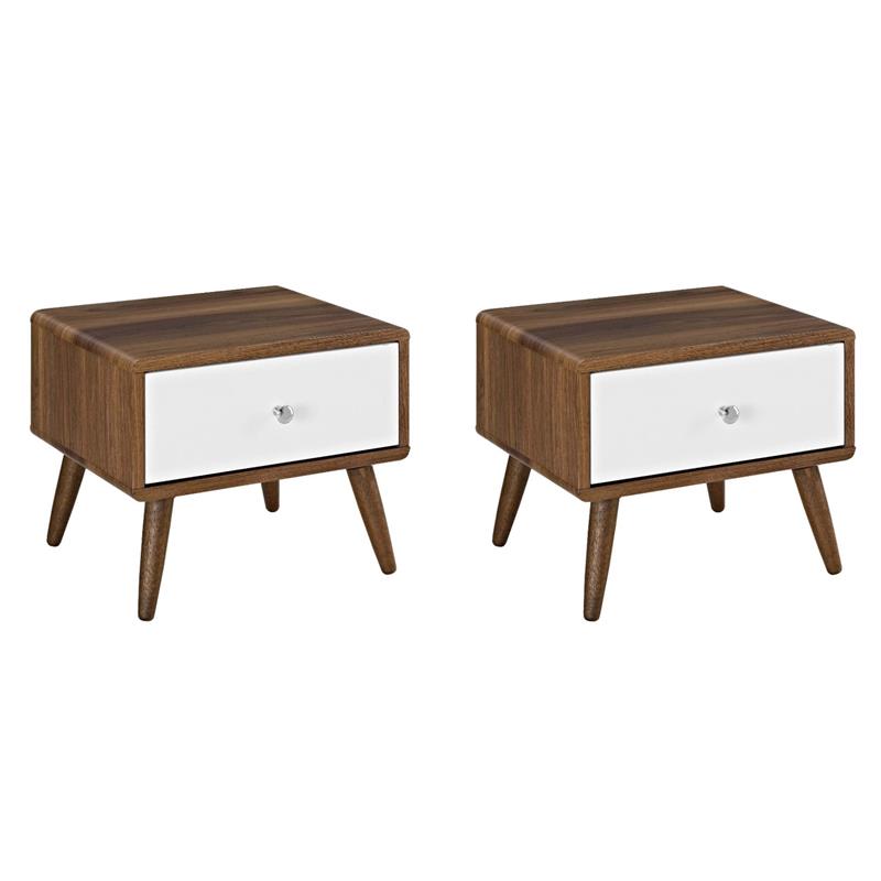 Pemberly Row Set of 2 Modern Particleboard Wood Nightstands in Walnut/White