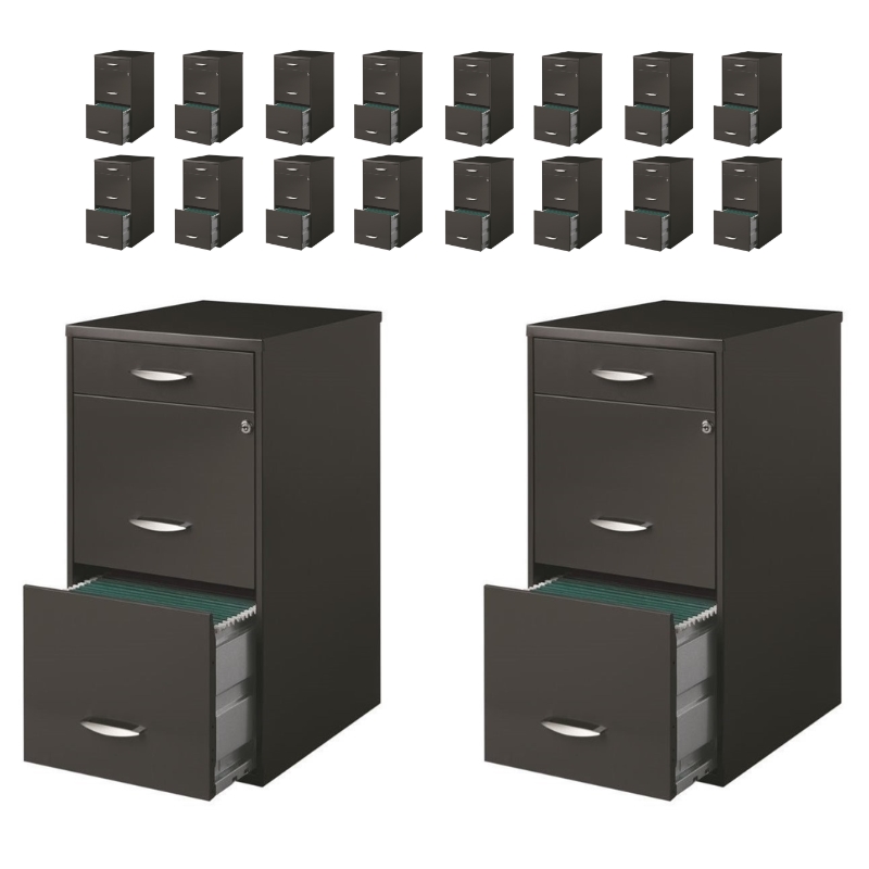 Pemberly Row Set of 18 Contemporary 3-Drawer Metal File Cabinet in Charcoal