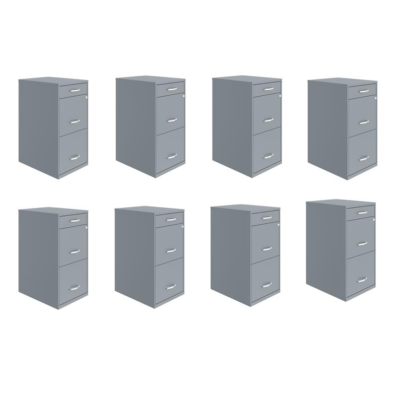 Pemberly Row Set of 8 3-Drawer Metal File Cabinet with Pencil-Drawer in Gray