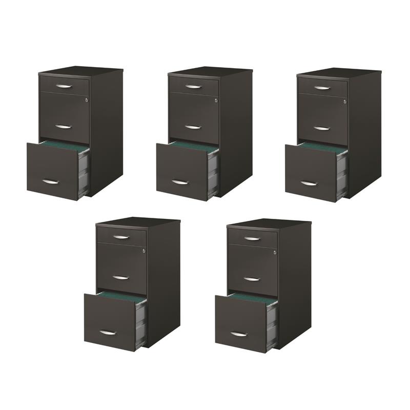 Pemberly Row Set of 5 Contemporary 3-Drawer Metal File Cabinet in Charcoal