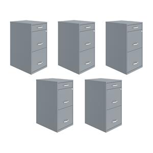Pemberly Row Set of 5 3-Drawer Metal File Cabinet with Pencil-Drawer in Gray