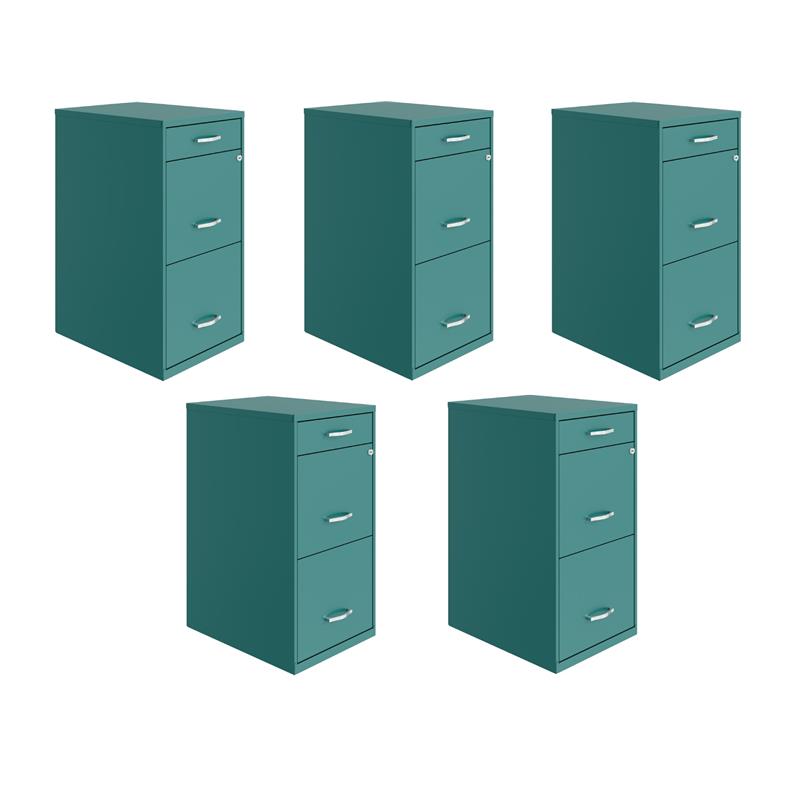 Pemberly Row Set of 5 3-Drawer Metal Organizer File Cabinet in Teal/Turquoise