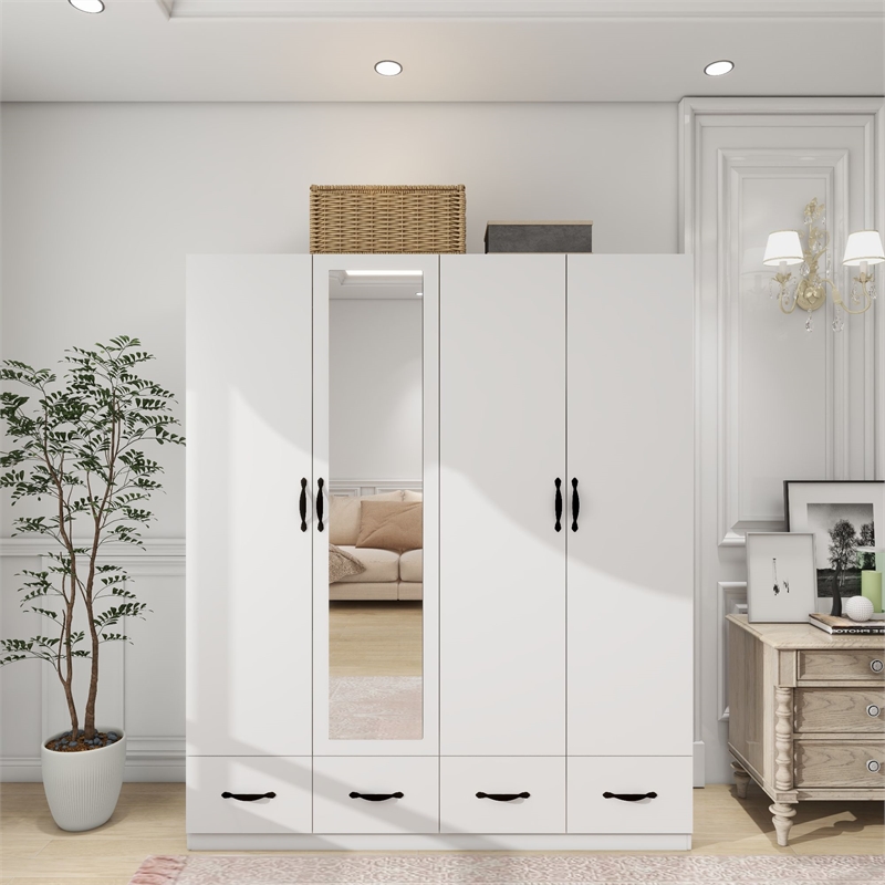 Pemberly Row White Mirror Wardrobe Closet shelves 4 Doors Wood Armoire