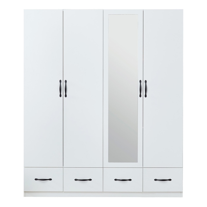 Pemberly Row White Mirror Wardrobe Closet shelves 4 Doors Wood Armoire