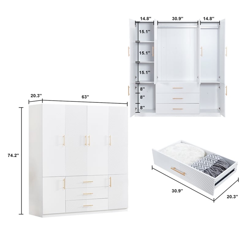 Pemberly Row Wood 4 Doors 3 Drawers White Closet Wardrobe Storage Armoire