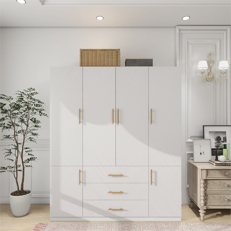 Pemberly Row Wood 4 Doors 3 Drawers White Closet Wardrobe Storage Armoire