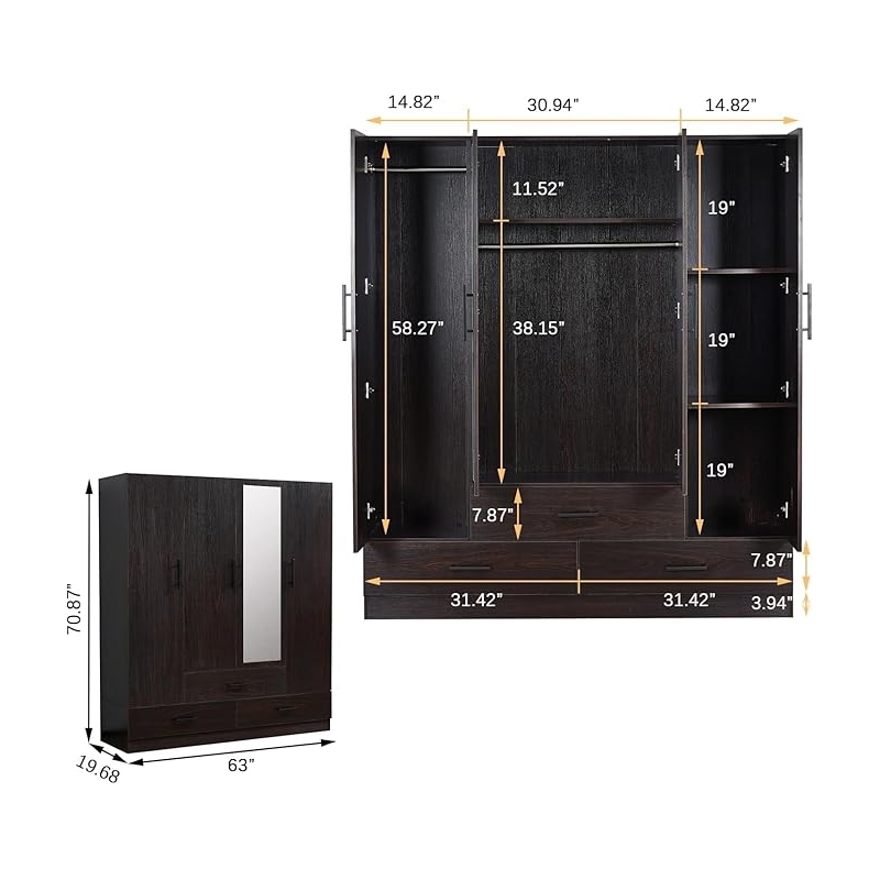 Pemberly Row Modern Mirror Wardrobe Armoire Wood Closet in Black