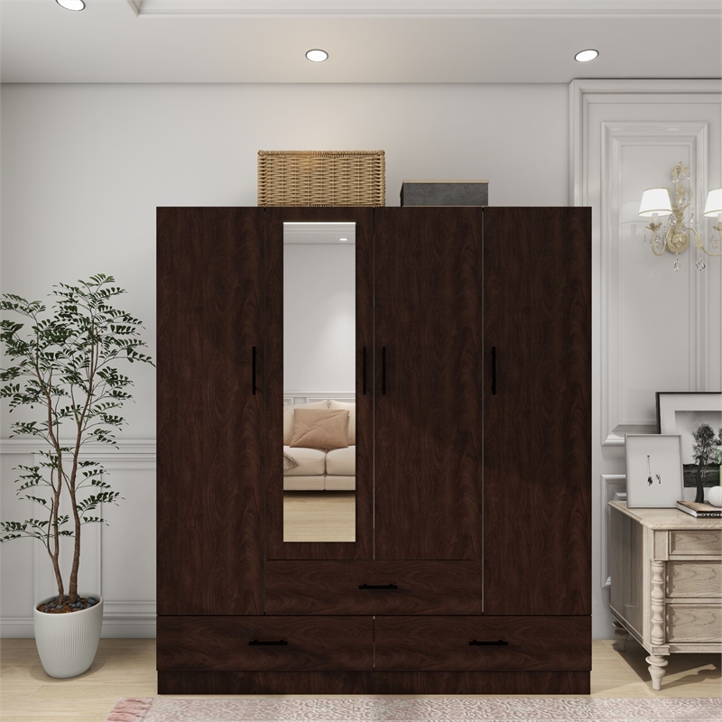 Pemberly Row Modern Mirror Wardrobe Armoire Wood Closet in Black