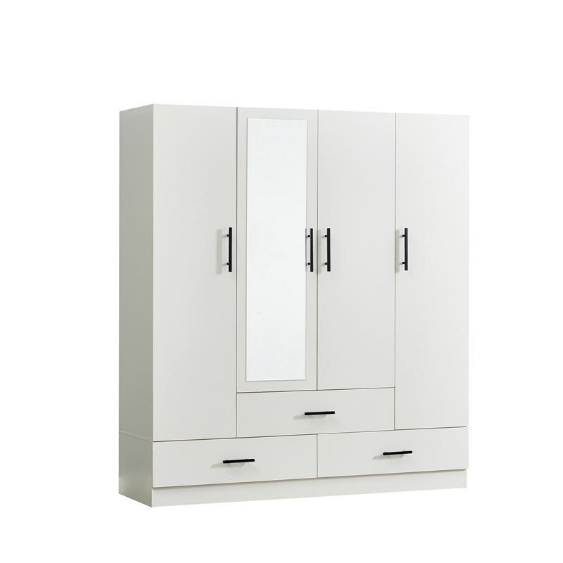 Pemberly Row 4 Doors Wood Wardrobe with Mirror Armoire White Closet