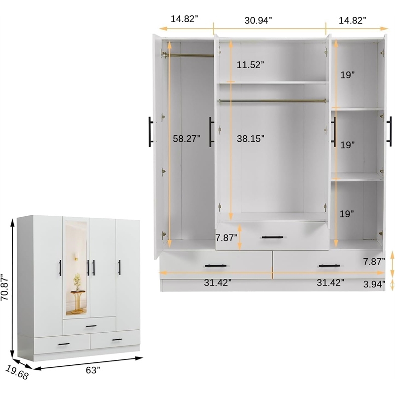 Pemberly Row 4 Doors Wood Wardrobe with Mirror Armoire White Closet
