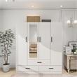 Pemberly Row 4 Doors Wood Wardrobe with Mirror Armoire White Closet