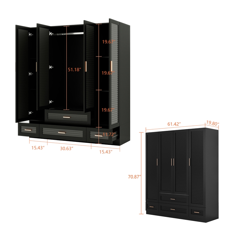 Pemberly Row 4 Doors Wood Armoire Wardrobe Closet with 4 Drawers in Black