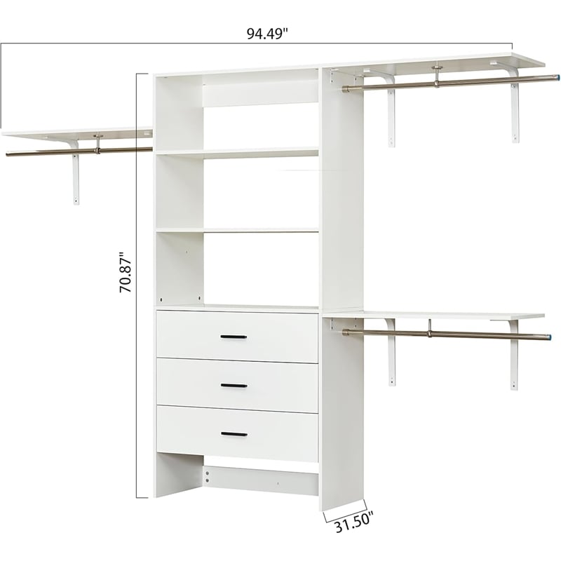 Pemberly Row Wood Built-in Closet with 3 Drawers White for Bedroom