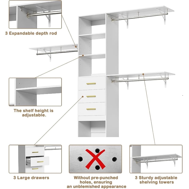 Pemberly Row Wood Built-in Closet with 3 Drawers White for Bedroom