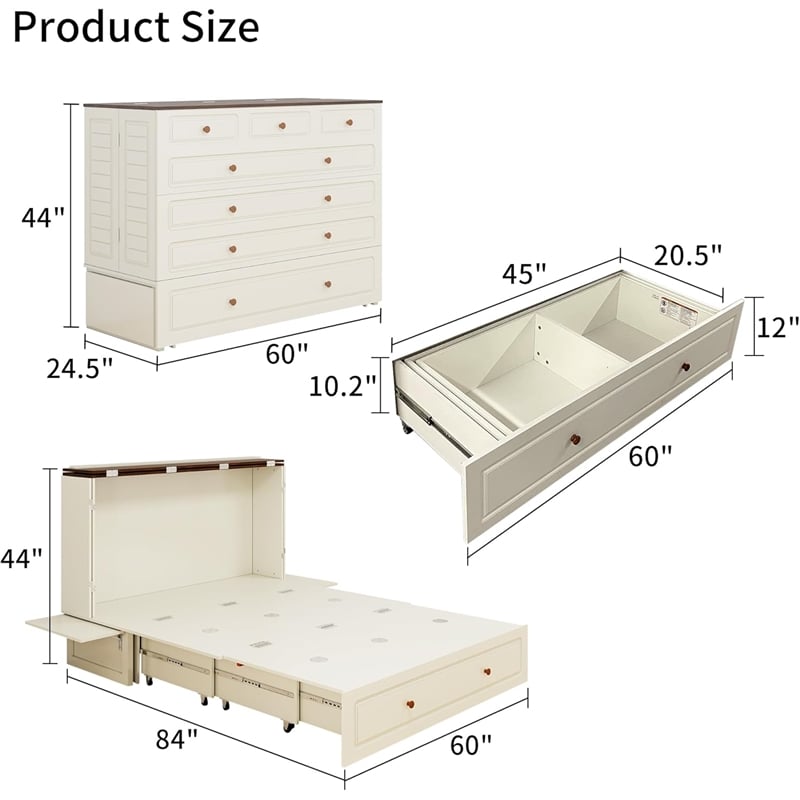 Pemberly Row Queen Murphy Bed with Storage Drawer in White-Included Mattress