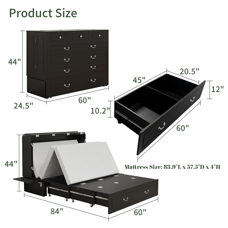 Pemberly Row Queen Wood Murphy Bed whit Chest with Built-in Charger Black