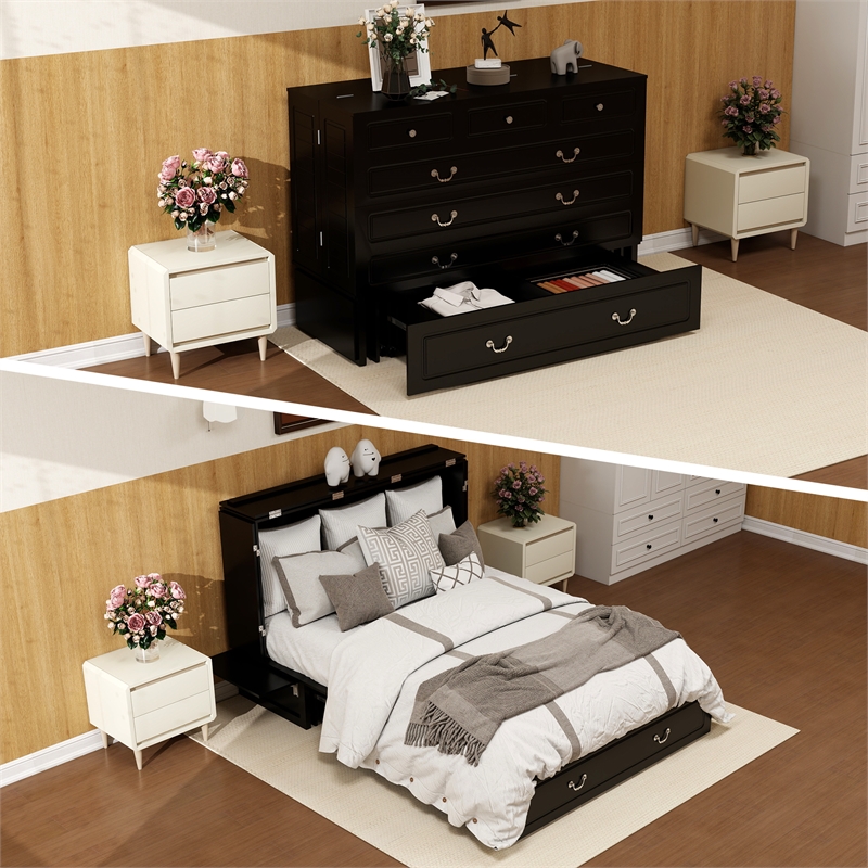 Pemberly Row Queen Wood Murphy Bed whit Chest with Built-in Charger Black