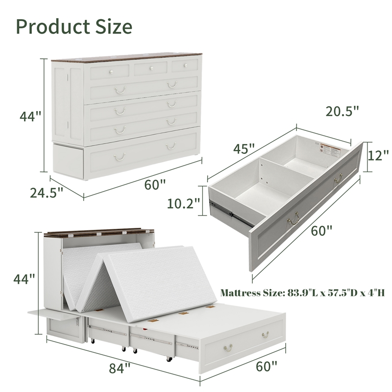 Pemberly Row Queen Wood Murphy Bed whit Chest with Built-in Charger white