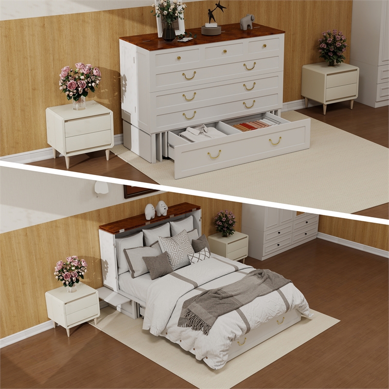 Pemberly Row Queen Wood Murphy Bed whit Chest with Built-in Charger white