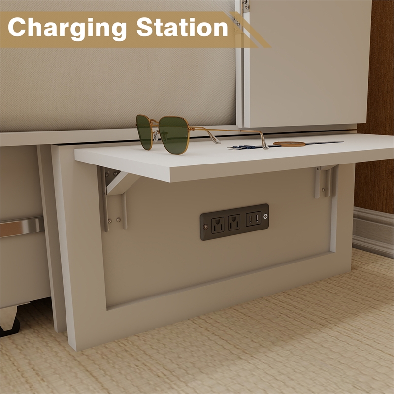 Pemberly Row Queen Wood Murphy Bed whit Chest with Built-in Charger white