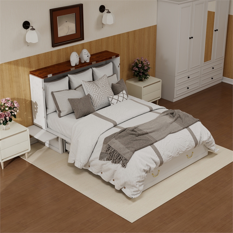 Pemberly Row Queen Wood Murphy Bed whit Chest with Built-in Charger white