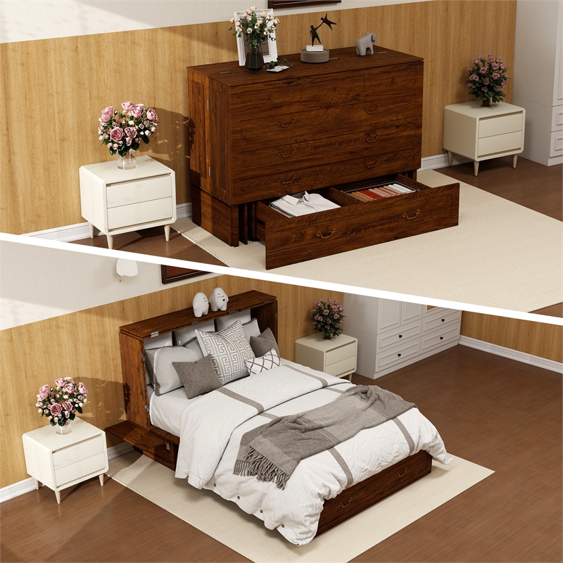 Pemberly Row Queen Wood Murphy Bed with Built-in Charger Red Oak