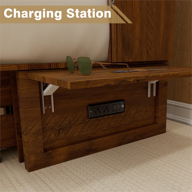 Pemberly Row Queen Wood Murphy Bed with Built-in Charger Red Oak
