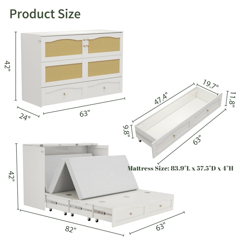 Pemberly Row Wood Queen Cabinet Bed with Storage Drawers for Guest Room White