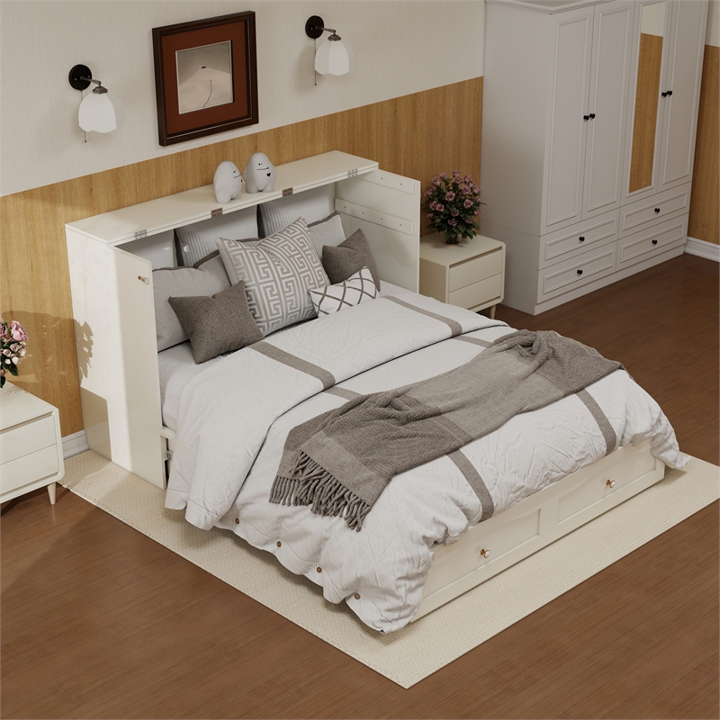 Pemberly Row Wood Queen Cabinet Bed with Storage Drawers for Guest Room White