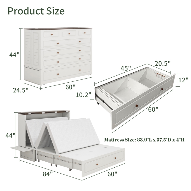 Pemberly Row Wood Queen Murphy Bed with Storage Drawer in White