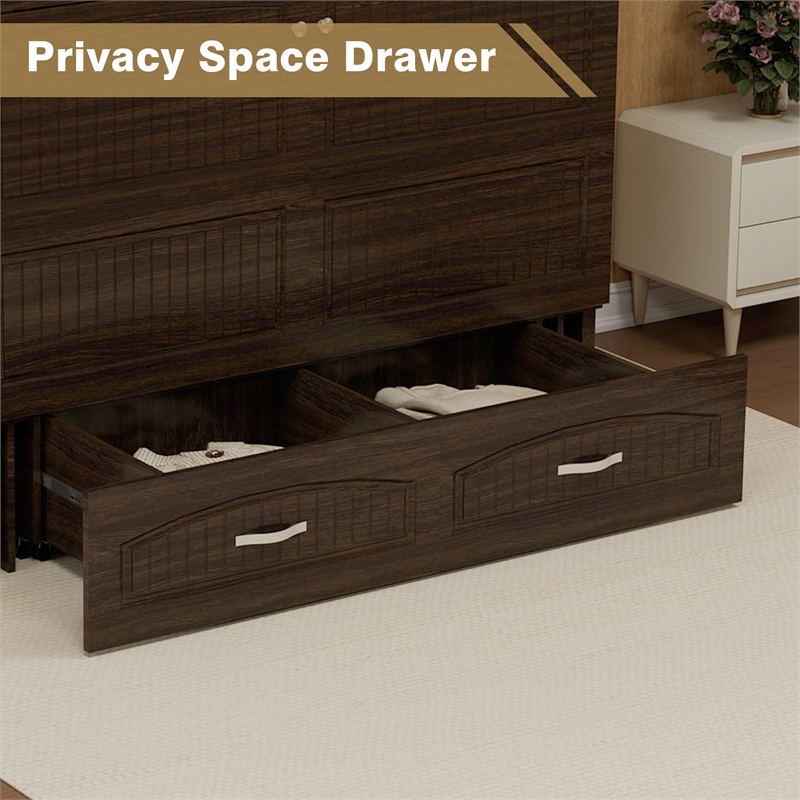 Pemberly Row Black Walnut Queen Murphy Bed with Drawers Mobile Cabinet Chest
