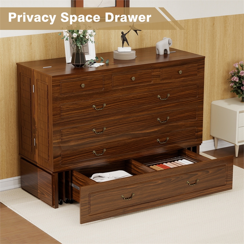 Pemberly Row Wood Murphy Cabinet Bed with Drawers in Antique Brass