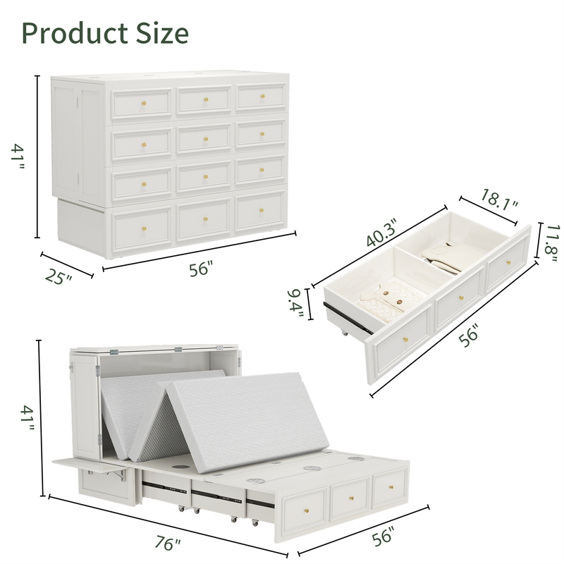 Pemberly Row Solid Wood Murphy Bed with Drawers 2 USB&Charging Ports White Color