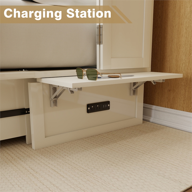 Pemberly Row Solid Wood Murphy Bed with Drawers 2 USB&Charging Ports White Color