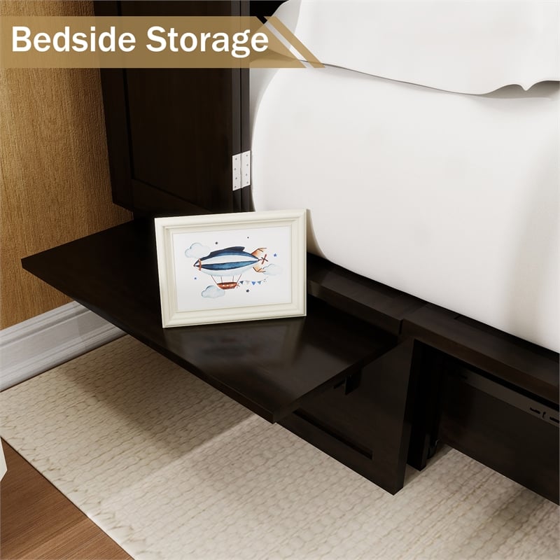 Pemberly Row Solid Wood Murphy Bed with 2 USB&Charging Ports in Brownish Black