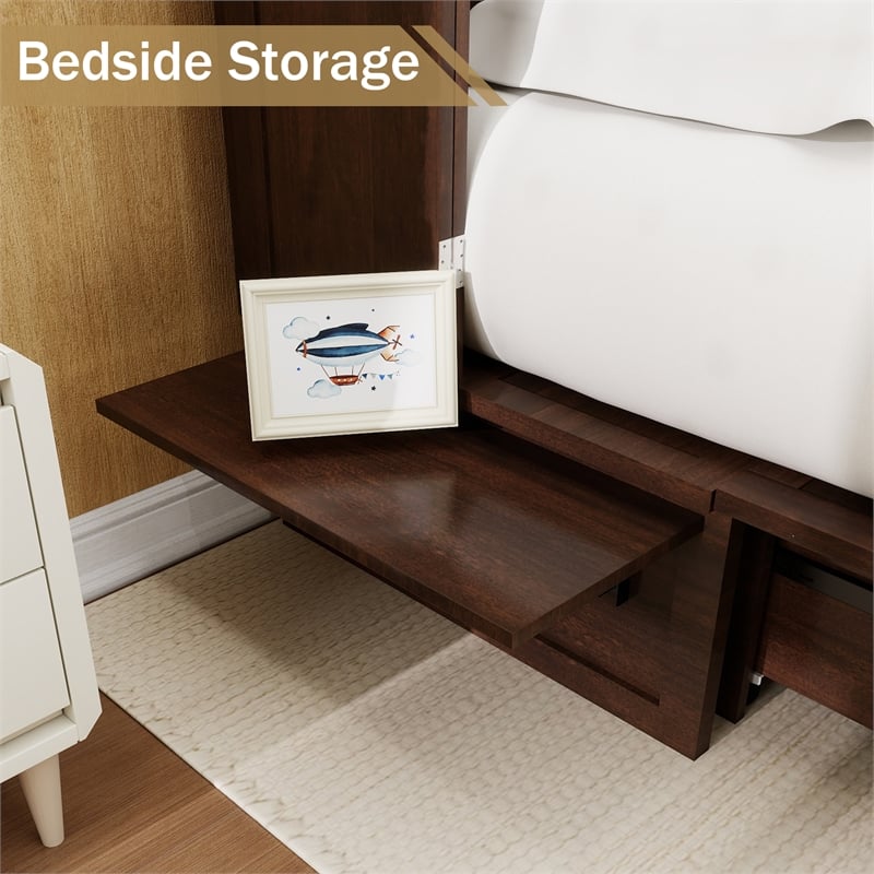 Pemberly Row Solid Wood Murphy Bed Cabinet Storage Drawer Brownish Yellow Color