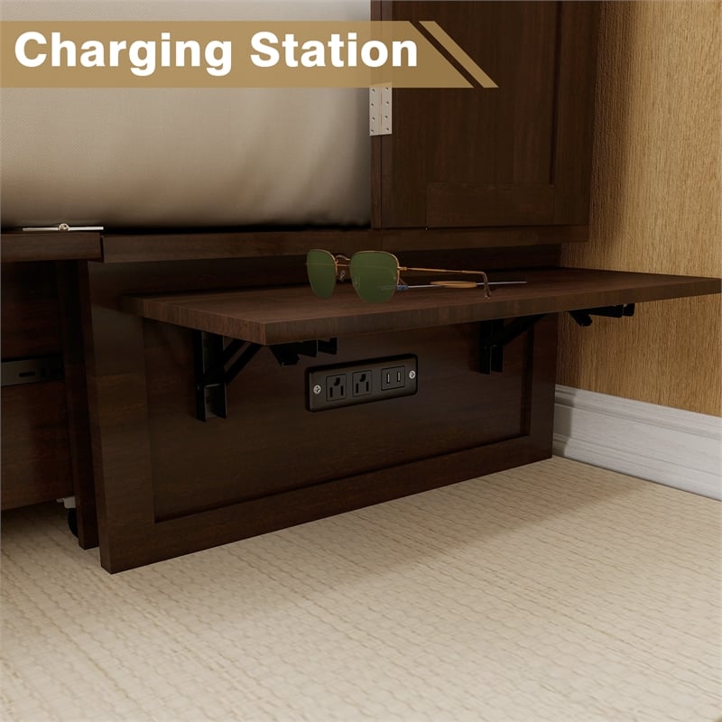 Pemberly Row Solid Wood Murphy Bed Cabinet Storage Drawer Brownish Yellow Color