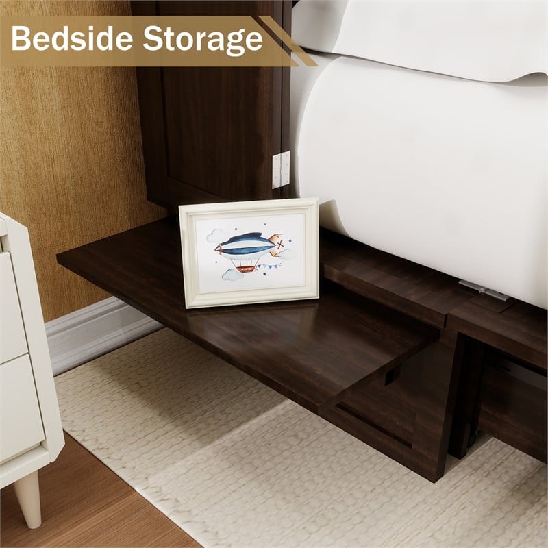 Pemberly Row Full Solid Wood Murphy Bed Cabinet Storage Drawer Ebony Wood Color