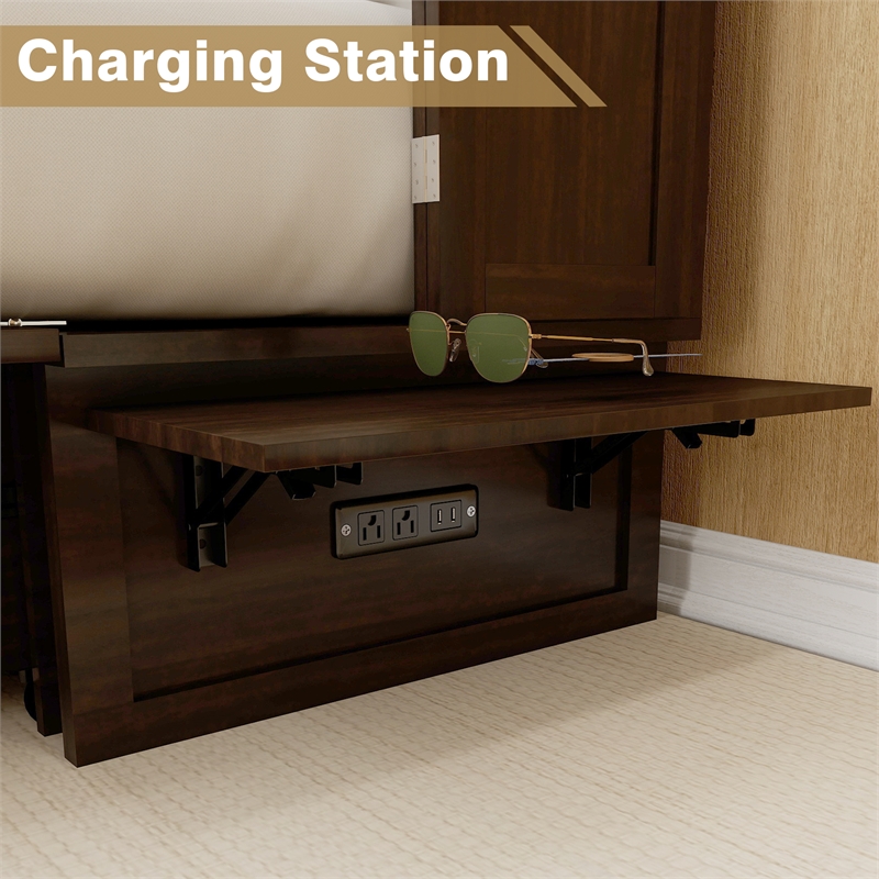 Pemberly Row Full Solid Wood Murphy Bed Cabinet Storage Drawer Ebony Wood Color