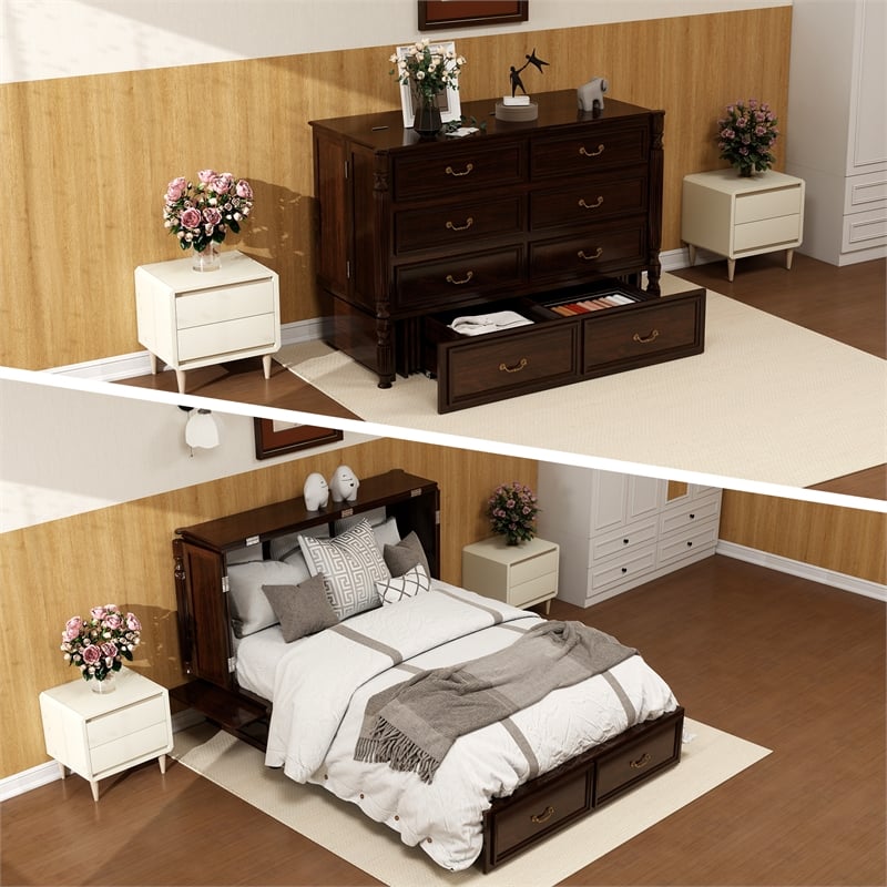 Pemberly Row Solid Wood Murphy Bed Cabinet Storage Drawer Brownish Red Color