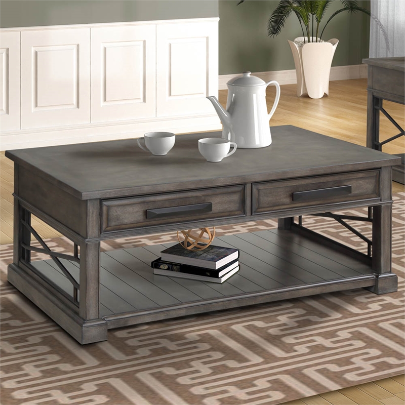 Pemberly Row Contemporary Wood Cocktail Table in Smokey Gray Finish