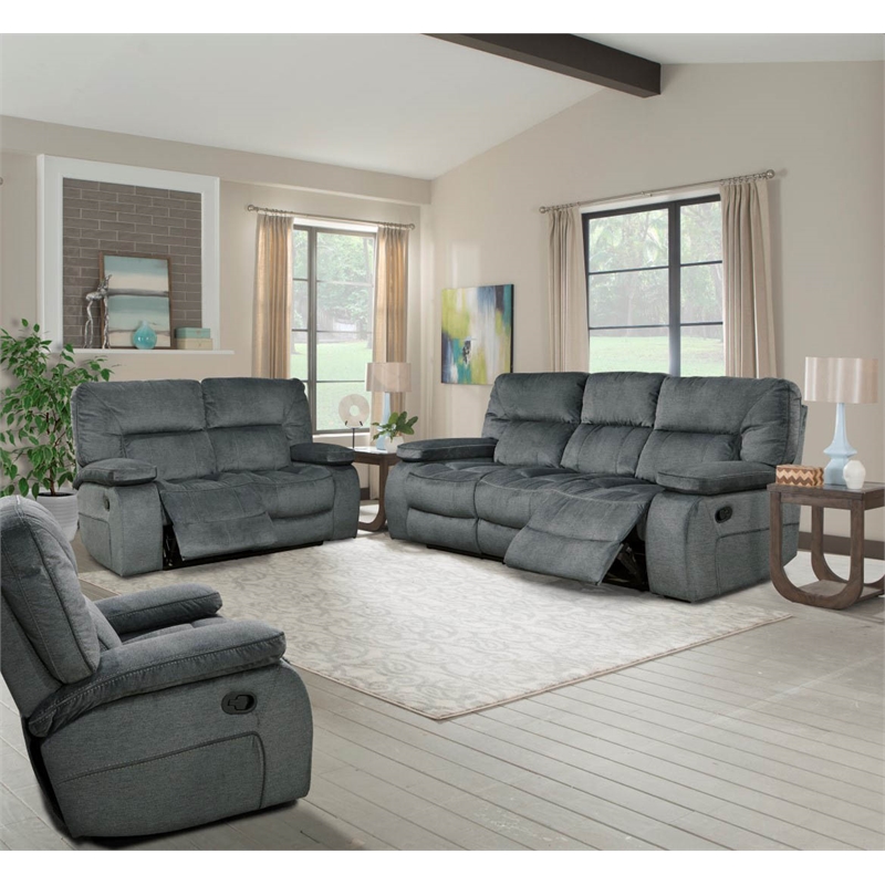 Pemberly Row Contemporary Polyester Manual Triple Reclining Sofa in Gray