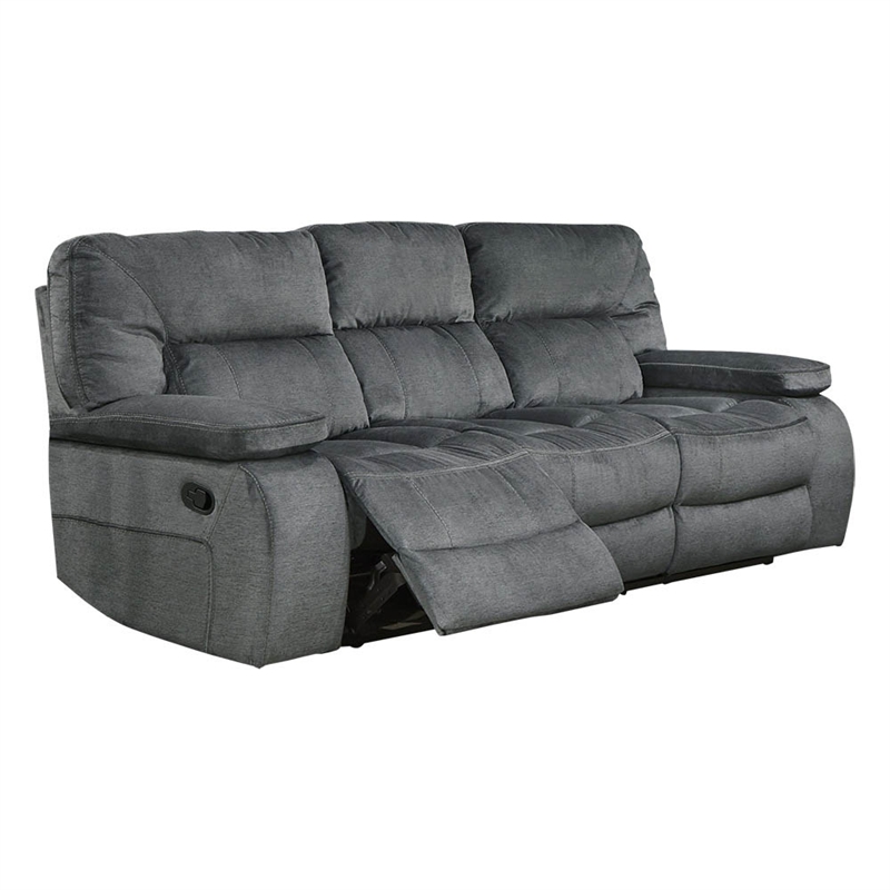 Pemberly Row Contemporary Polyester Manual Triple Reclining Sofa in Gray