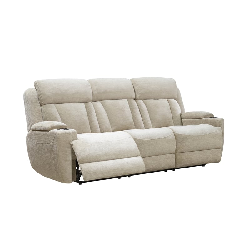 Pemberly Row Contemporary Fabric Power Console Sofa in Fossil Beige