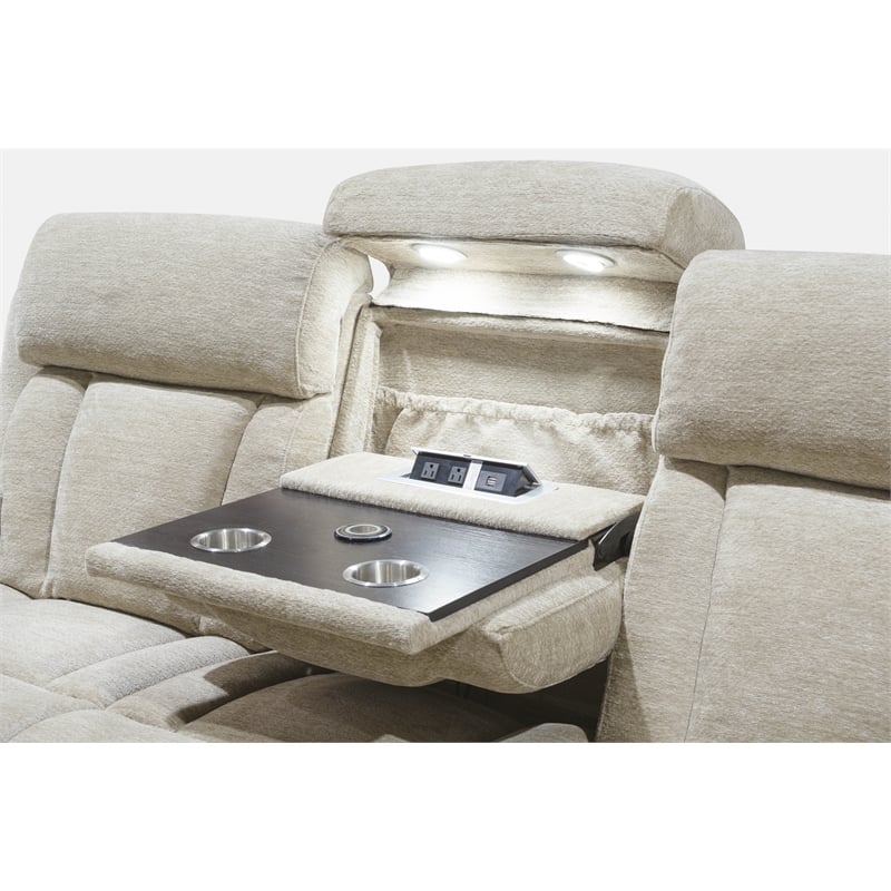 Pemberly Row Contemporary Fabric Power Console Sofa in Fossil Beige