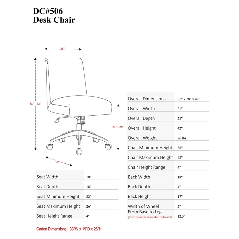 Pemberly Row Contemporary Fabric Desk Chair with Casters in Blue