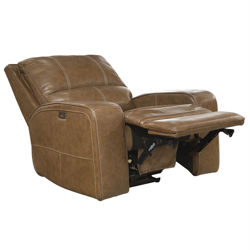Pemberly Row Contemporary Leather Power Recliner in Bourbon Brown Finish