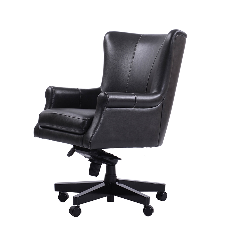 Pemberly Row Contemporary Leather Swivel Desk Chair in Black Finish